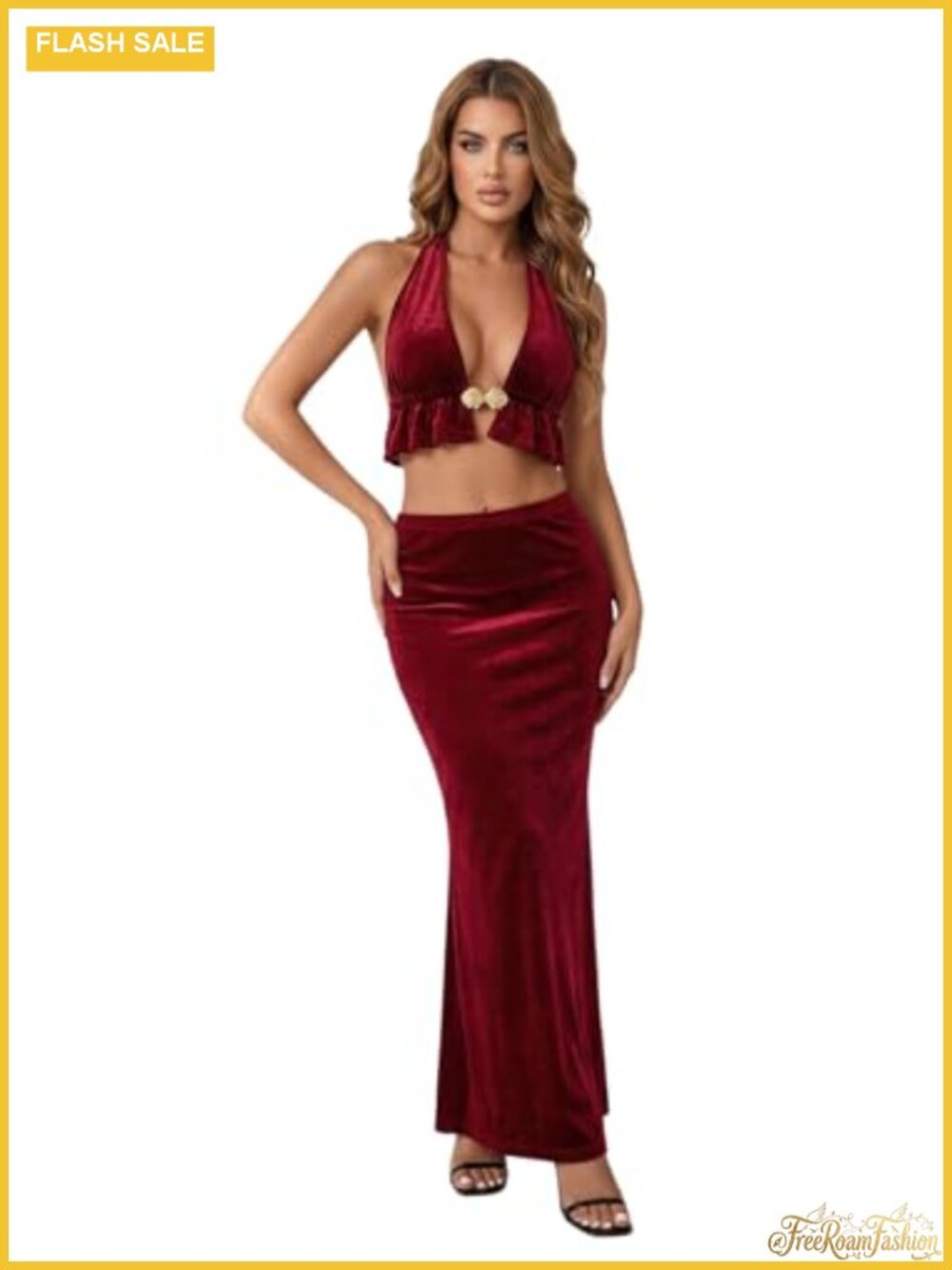 Velvet Backless Peplum Halter Crop Top Maxi Skirt Set Women Party